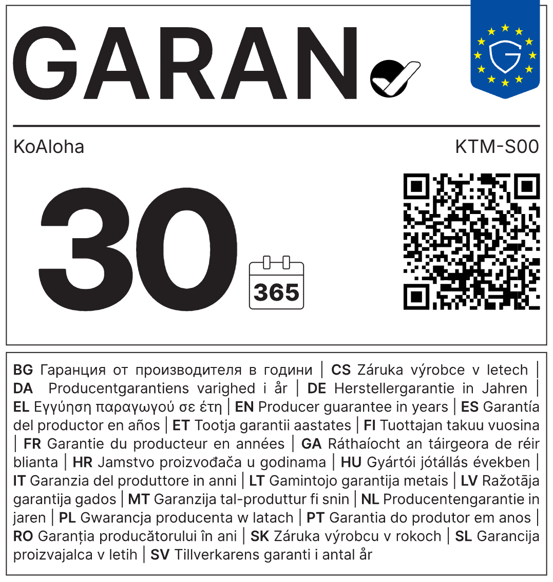 GARAN Herstellergarantie-Label